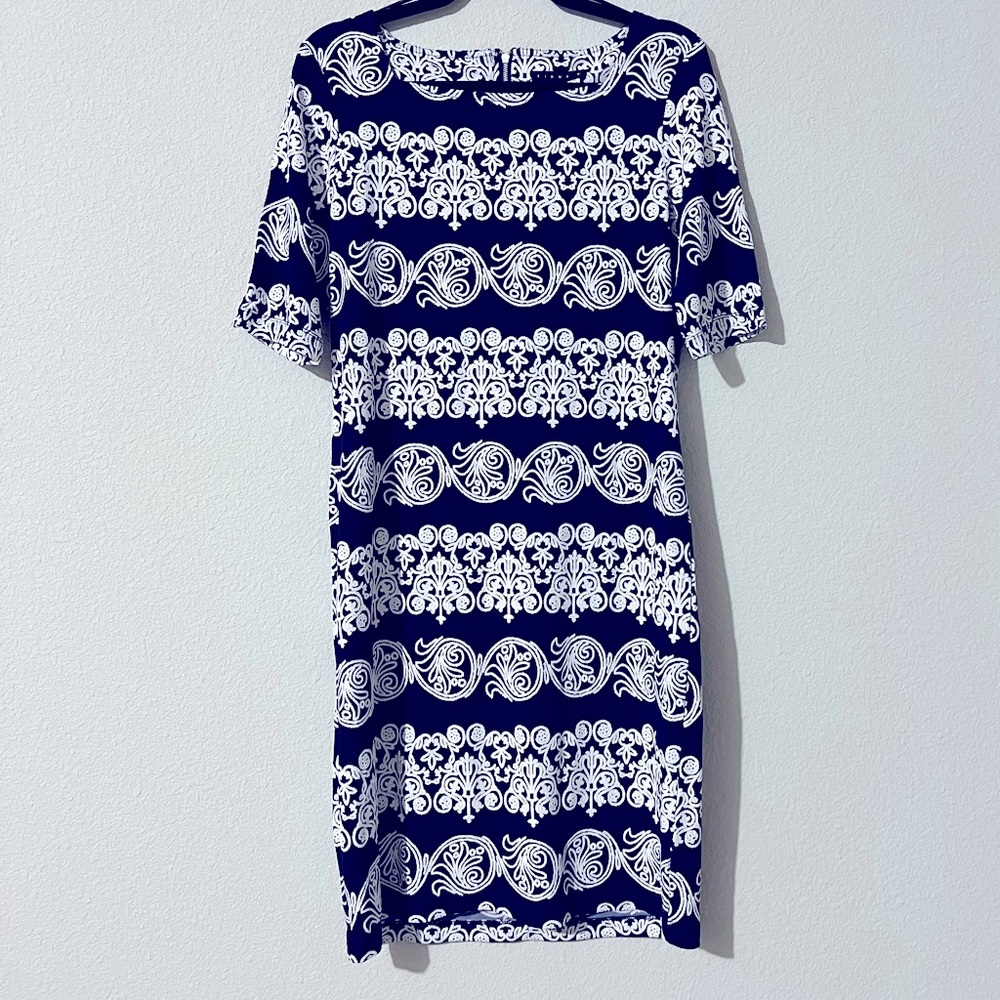 Tiana B navy blue and white print shin length dress, like new size 10